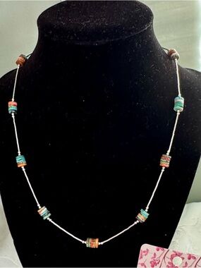 18” Liquid Sterling Silver with Turquoise and Spiny Oyster Heishi Bead Necklace